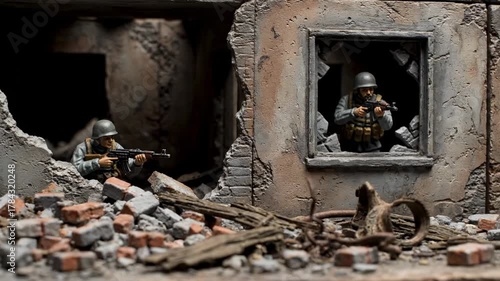 A detailed diorama depicts a war-torn building with soldiers aiming rifles from window and doorway. Debris litters the foreground