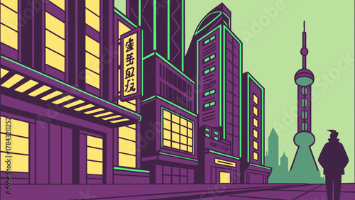 A captivating illustration of shanghais skyline, showcasing its iconic oriental pearl tower and modern architecture in a stylized, colorful design