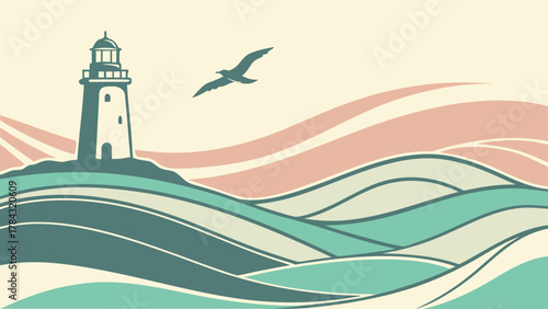 A serene seascape illustration featuring a lighthouse standing tall on a hill, with stylized waves and a seagull flying in the sky, creating a peaceful scene