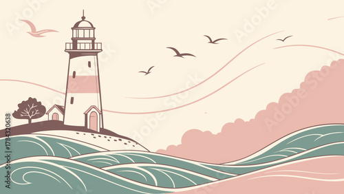 A picturesque illustration of a lighthouse on a hill, with stylized waves, birds flying, and a small house nearby, evoking a sense of coastal tranquility and charm