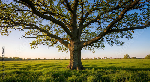 Fototapeta Naklejka Na Ścianę i Meble -  Large tree in a field with a blue sky in the background