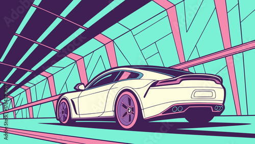 Dynamic vector illustration of a modern sports car speeding through a futuristic tunnel, showcasing sleek design and vibrant colors