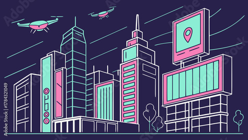 Futuristic cityscape with drones and digital billboards, showcasing a modern and technologically advanced urban environment
