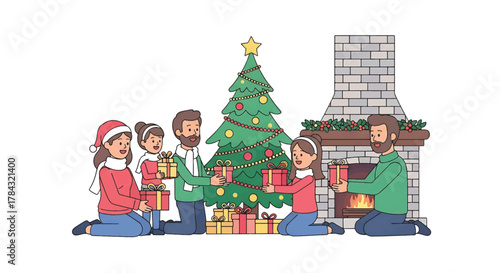 A heartwarming illustration of a diverse family celebrating Christmas, exchanging presents by a festive tree and a cozy fireplace, embodying holiday joy and togetherness