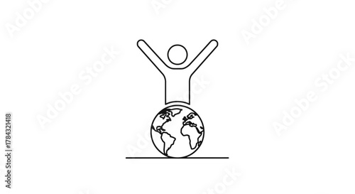 Global success concept line icon with a person standing on the world, arms raised in triumph. representing achievement, environmental care, and global community.