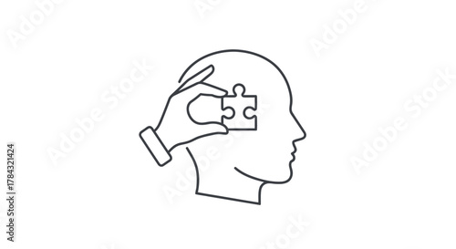 Line art illustration of hand placing puzzle piece into human head profile, symbolizing problem-solving, thought process, and mental development.