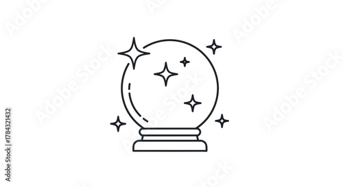 Crystal ball icon line art illustration representing foresight, future predictions, magic, and destiny, with sparkling light effects on a transparent background.