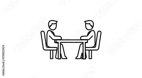 Two minimalist stick figures seated at a table, facing each other, symbolizing a meeting, interview, discussion, or negotiation in a simple outline graphic.
