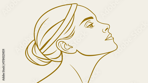 Graceful womans face in profile, gazing upwards with a serene expression, captured in a minimalist line art style, showcasing elegance and beauty