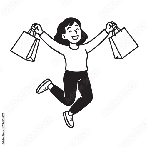 Simple black and white vector artwork of a smiling woman jumping high, holding shopping bags, symbolizing happiness, excitement, and modern lifestyle.