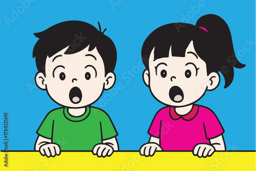 Vector design in colorful style portraying two surprised children, a little boy and girl, symbolizing joy, discovery, and playful emotional reactions.