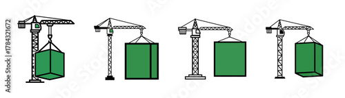 Four cranes lifting green containers in a row, isolated on white.