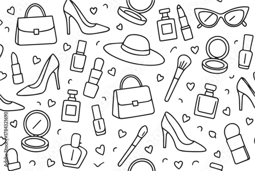 Simple black and white vector background pattern featuring women’s world elements like cosmetics, high heels, hats, makeup tools, and fashionable sunglasses.