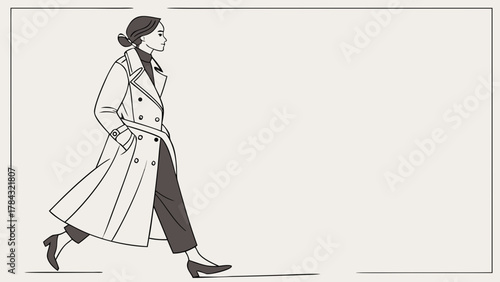 Elegant line art illustration of a woman in a trench coat walking, showcasing fashion and style in a minimalist and sophisticated design