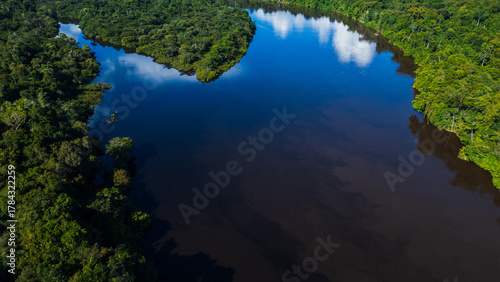 Aerial view of the Amazonian rivers of the Peruvian rainforest, a drone view of the Amazon rainforest surrounded by water, the Nanay River surrounded by rainforests in the Peruvian Amazon