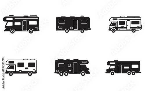 Collection of Black and White RV Silhouette Illustrations for Travel and Road Trip Designs and Recreational Vehicle Concepts