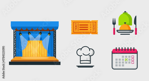 Entertainment and dining events vector illustration with icons on plain background