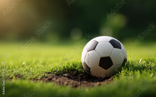 A classic football rests in a shallow divot on a green field illuminated by soft sunlight and a blurred natural background