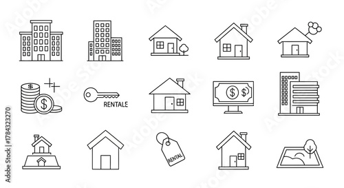 Outline Icons Depicting Real Estate Concepts and Property Rental Business in Detail