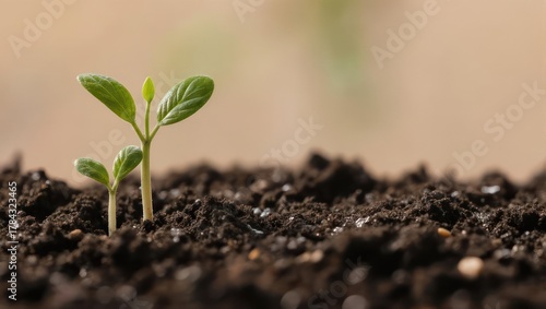 Close-up of two tiny seedlings growing out of dark, rich soil with a blurred background