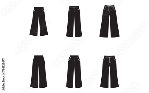 Collection of Black Wide Leg Pants Vector Illustration Fashion Design Clothing Style Flat Design Icons and Symbols for Designers