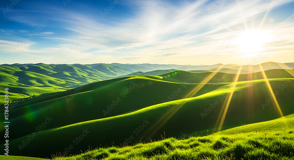 Fototapeta premium Rolling hills landscape under clear sky background