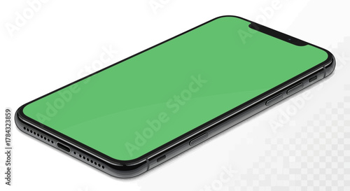 Isometric view of a modern smartphone with green screen for customizable display