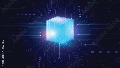 Futuristic Technology Cube with Digital Circuit Lines. Blockchain, Data Network, AI, or Server Concept.