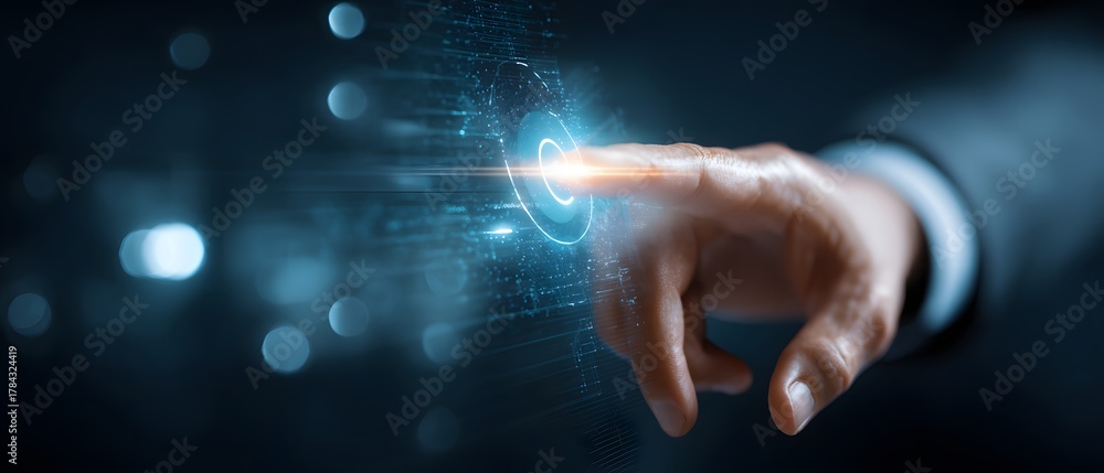 Fototapeta premium Human hand about to touch an illuminated button in a futuristic and digital user interface environment, with the finger pointing towards an interactive glowing circle, representing interaction and...