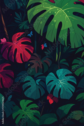 Dark Tropical Vector Jungle Background: Moody Night Scene with Vibrant Monstera and Philodendron Leaves and Butterflies, Lush Exotic Foliage Pattern.