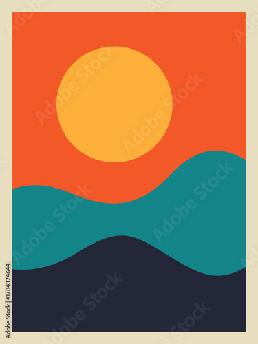 Minimalist Abstract Landscape Vector. Sun and Wavy Hills Composition in Retro Mid-Century Colors for Poster and Wall Art
