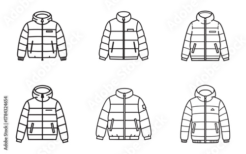 Collection of Six Minimalist Puffer Jacket Line Art Illustrations for Fashion and Apparel Design Resources