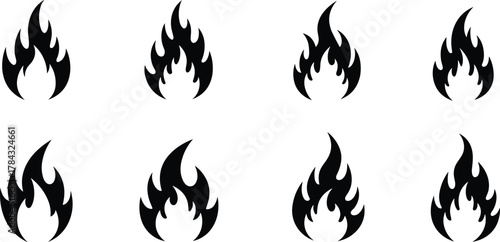 Black flame icon collection, fire silhouette symbols, burning energy design, heat hazard sign illustration, CAD drawing flat vector illustration