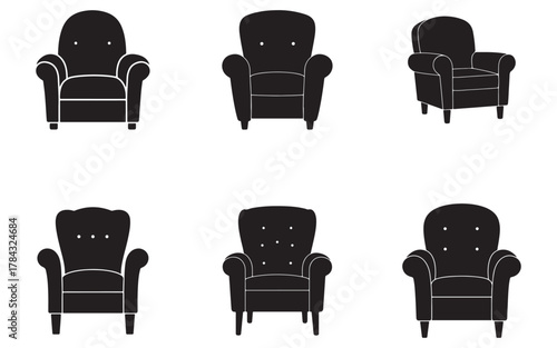 Collection of Six Armchair Silhouettes in Black and White Design Vector Illustration for Interior Decor and Furniture Design Ideas