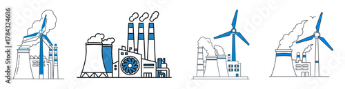 Set of power plant icons showing renewable and non-renewable energy sources like wind turbines and fossil fuel factories.