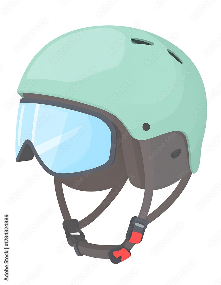 Naklejka premium A close-up illustration of a light green ski helmet with a built-in visor and chinstrap, against a white backdrop
