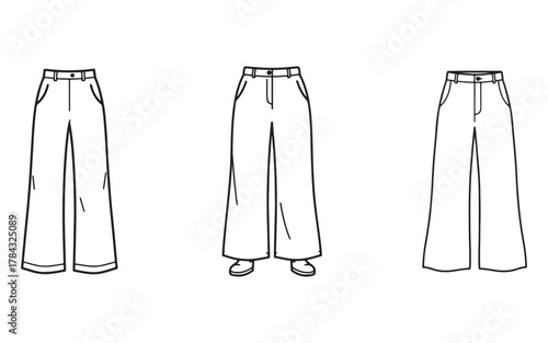 Collection of wide leg pants illustration in different styles for fashion design and apparel concepts presented in simple black outline