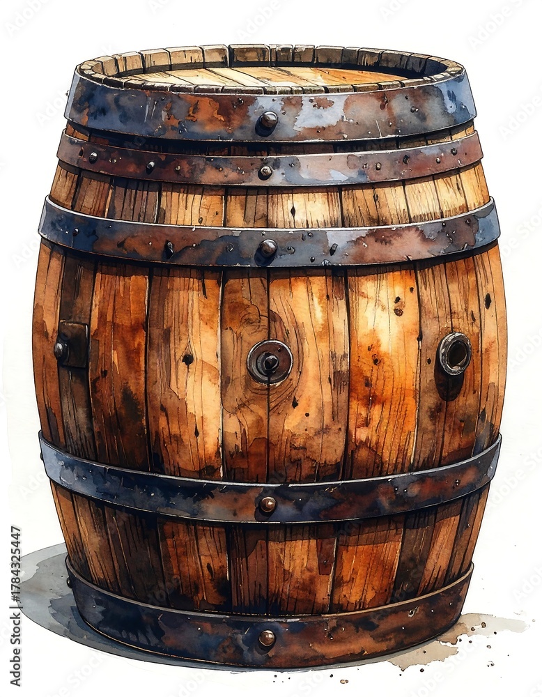 Obraz premium A close-up of a weathered, wooden barrel with metal bands, showing detailed grain and signs of aging with a rustic aesthetic