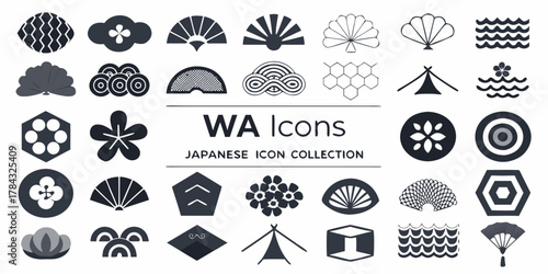 Collection of japanese wa icons featuring traditional symbols like fans flowers waves and geometric patterns
