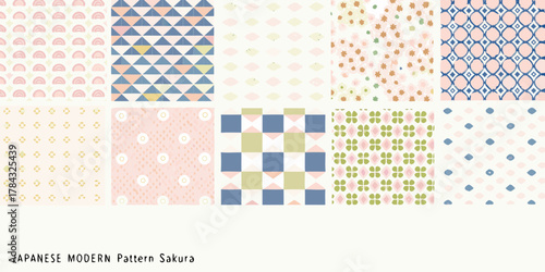 Collection of ten modern japanese inspired seamless patterns with pastel colors and geometric floral and abstract motifs