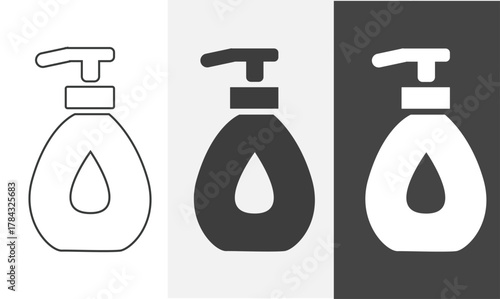 Shower gel icon in outline and solid style with black and white color. Pump bottle icon. Soap dispenser icon. Bathroom icon element.