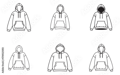 Line art collection of six different hoodies in various styles and outline variations for fashion design mockups or product visualizations