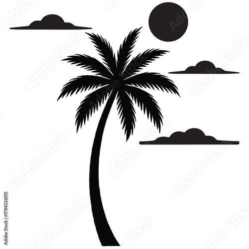 Silhouette of a palm tree against a cloudy moonlit sky