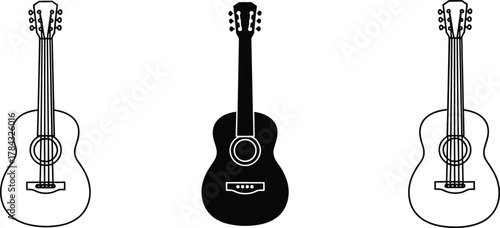 Set of acoustic guitars in black and white style, minimalist line sketch artwork, CAD drawing flat vector illustration