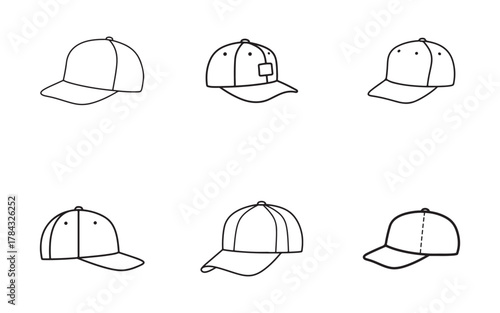 Outline vector set of baseball caps various style illustrations for graphic design element apparel accessories clothing fashion template promotion concept