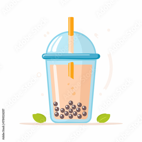 Cartoon Illustration of Boba Tea Drink with Straw.