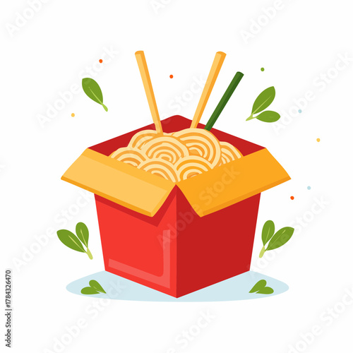 Cartoon Illustration of Noodles in a Takeout Box.