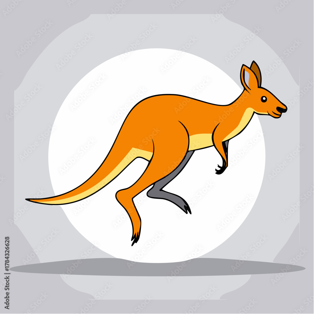 Fototapeta premium Cartoon Kangaroo Leaping with Green Eyes and Red Accents.