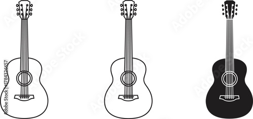 Set of acoustic guitars in different styles, detailed line art illustration, minimalist outline sketch, CAD drawing flat vector illustration