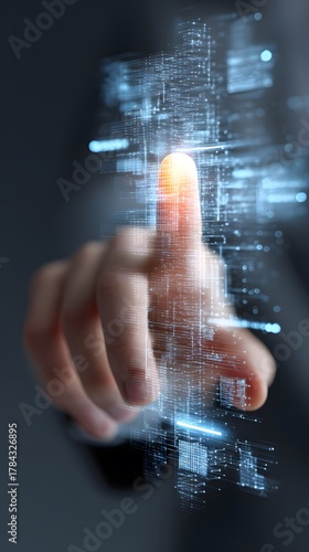 Person's finger pointing toward a futuristic glowing digital interface, depicting connection, data, and a technological futuristic concept; the image displays a clean, clear design with a dark...